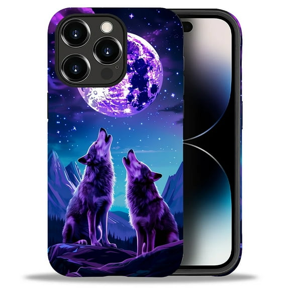 Punmada Compatible with iPhone 14 Pro Max Matte Case For Girl Boy Full Body Protective Hard Shell Esthetics Pattern Purple Moon Wolf