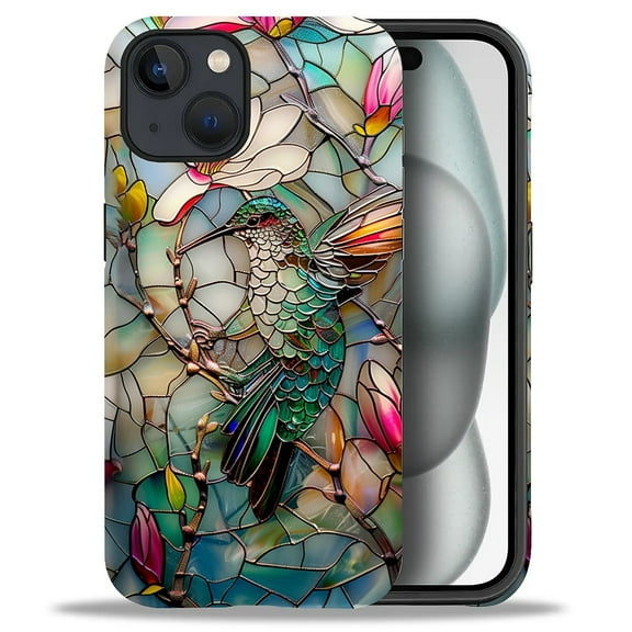 Punmada Compatible with iPhone 15 Glossy Case For Girl Boy Full Body Protective Hard Shell Esthetics Pattern 3D Stained Flower Looking Hummingbird