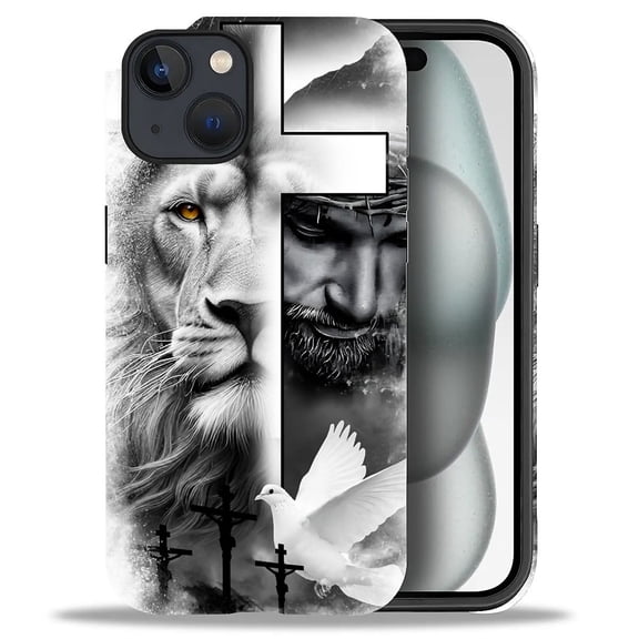 Punmada Shockproof Lion Cross Jesus Christ Dove Silicone Hard Shell Fashion Cell Phone Case for iPhone 15, Off-White