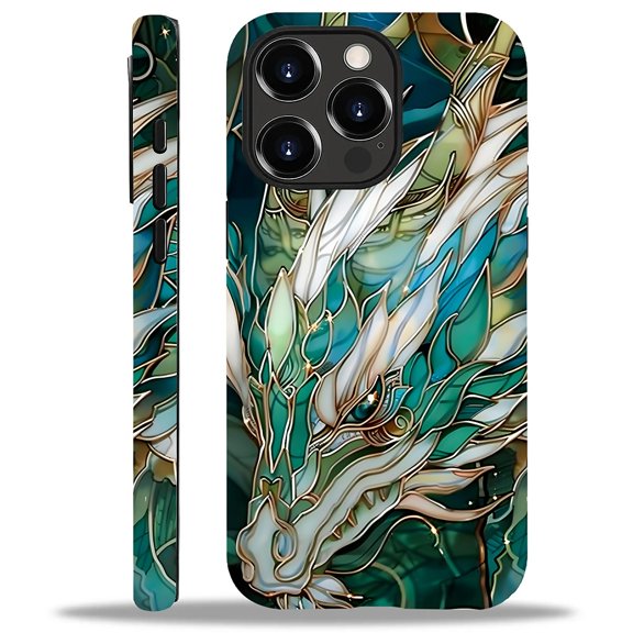 Punmada Compatible with iPhone 15 Pro Glossy Case For Girl Boy Full Body Protective Hard Shell Esthetics Pattern Teal White Dragon Stained Glasss