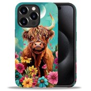 Punmada Compatible with iPhone 15 Pro Max Glossy Case For Girl Boy Full Body Protective Hard Shell Esthetics Pattern Flower Highland Cow