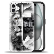 Punmada Compatible with iPhone 16 Glossy Case For Girl Boy Full Body Protective Hard Shell Esthetics Pattern Lion Cross Jesus Christ Dove