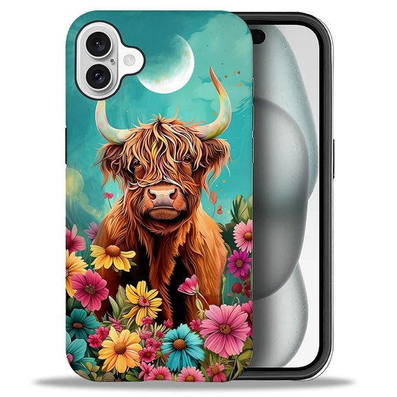 Punmada Compatible with iPhone 16 Plus Matte Case For Girl Boy Full Body Protective Hard Shell Esthetics Pattern Flower Highland Cow