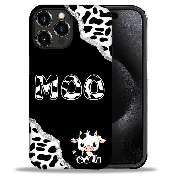 Punmada Compatible with iPhone 16 Pro Glossy Case For Girl Boy Full Body Protective Hard Shell Esthetics Pattern Black and White Cow