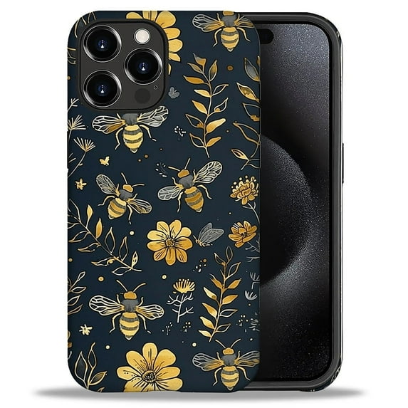 Punmada Compatible with iPhone 16 Pro Glossy Case For Girl Boy Full Body Protective Hard Shell Esthetics Pattern Vintage Yellow Bee Floral