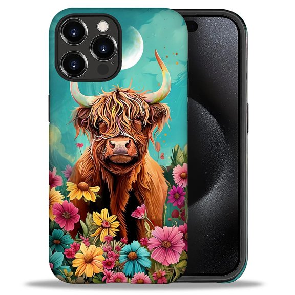 Punmada Compatible with iPhone 16 Pro Matte Case For Girl Boy Full Body Protective Hard Shell Esthetics Pattern Flower Highland Cow
