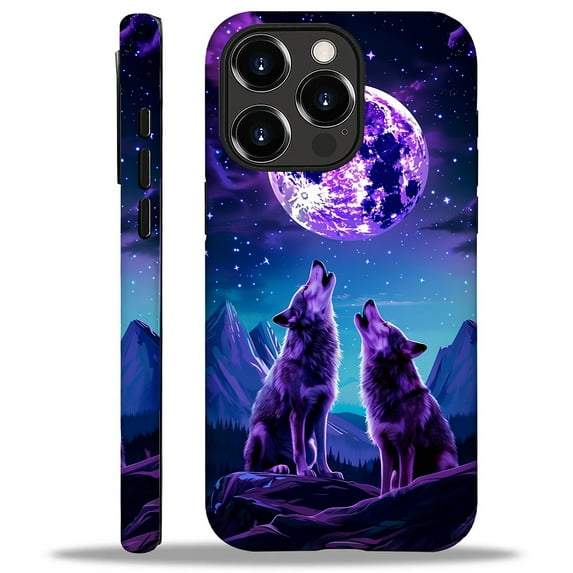 Punmada for iPhone 14 Pro Compatible with Magsafe Full Body Protective Glossy Case, For Girl Boy Shockproof Magnetic Charge Esthetics Pattern Purple Moon Wolf