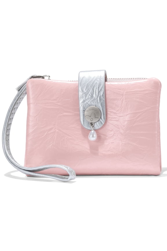 Bifold Wallets for Women PU Leather Wristlet Clutch, Pearl Drop Charm Pink Wallet