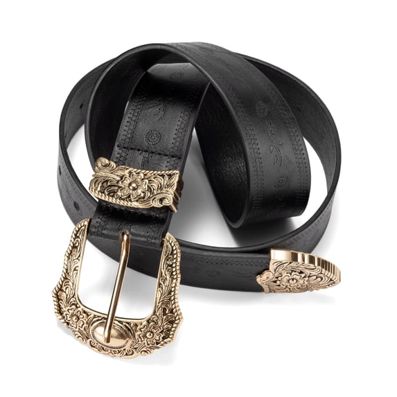 Punplita Western Belt for Women, Embossed Buckle Black Belt with Floral & Geometric Design
