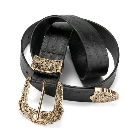 Punplita Western Belt for Women, Embossed Buckle Black Belt with Floral & Geometric Design