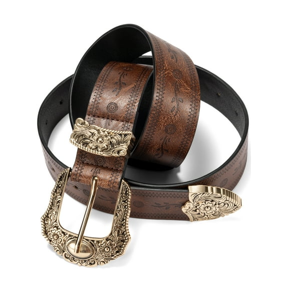 Punplita Western Belt for Women, Embossed Buckle Brown Belt with Floral & Geometric Design