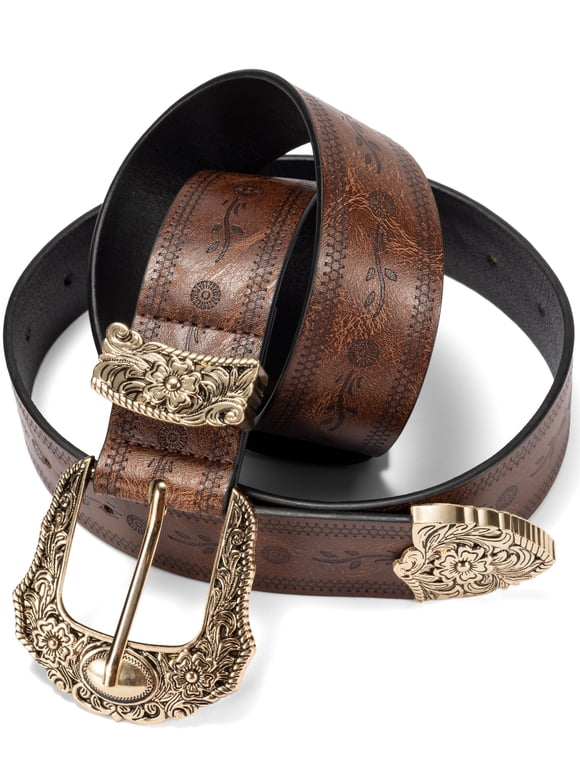 Western Belt for Women, Embossed Buckle Brown Belt with Floral & Geometric Design