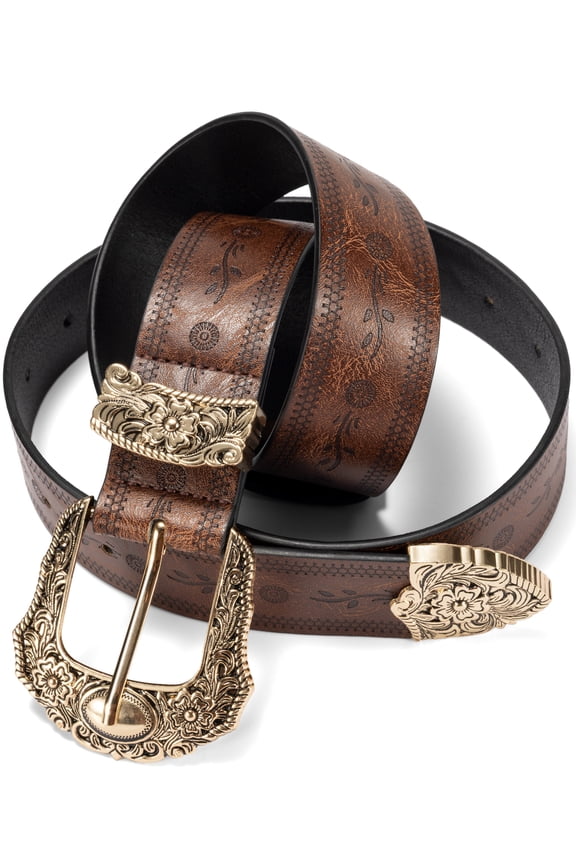 Western Belt for Women, Embossed Buckle Brown Belt with Floral & Geometric Design