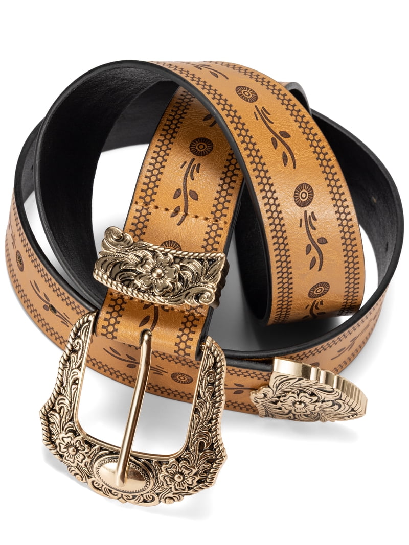 Punplita Western Belt for Women, Embossed Buckle Khaki Belt  display picture 1
