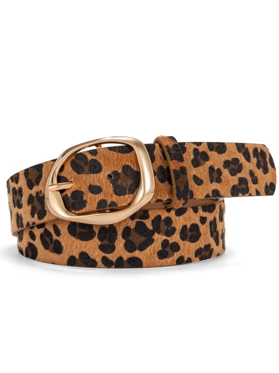 Women Belt Faux Fur Belt Leopard Print with Statement Gold Buckle Chic Style