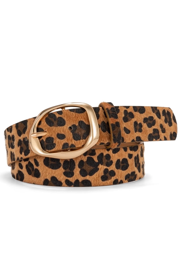Women Belt Faux Fur Belt Leopard Print with Statement Gold Buckle Chic Style