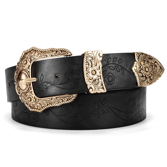 Punplita Women Belt Western Belts for Dresses Jeans Pants Embossed Buckle Black Belt Gift