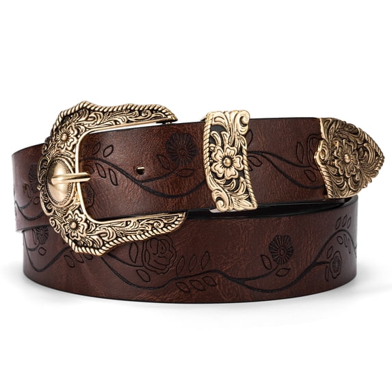 Punplita Women Belt Western Belts for Dresses Jeans Pants Embossed Buckle Brown Belt Gift