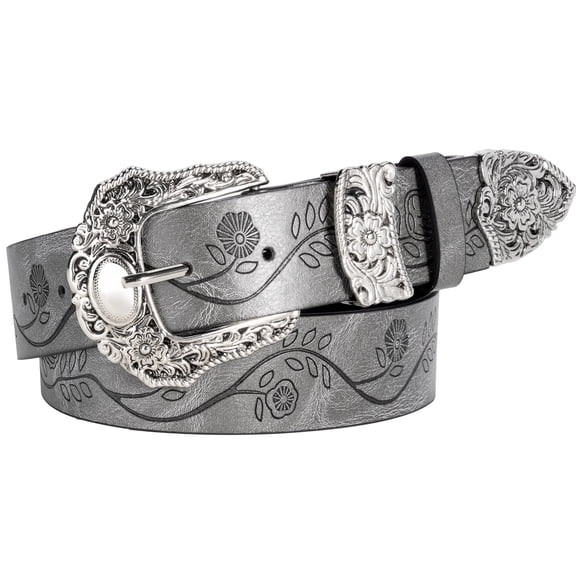 Punplita Women Belt Western Belts for Dresses Jeans Pants Embossed Buckle Grey Belt Gift