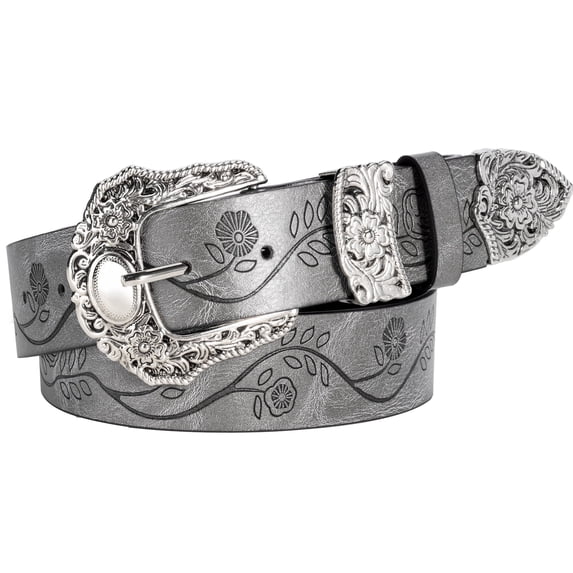 Punplita Women Belt Western Belts for Dresses Jeans Pants Embossed Buckle Grey Belt Gift