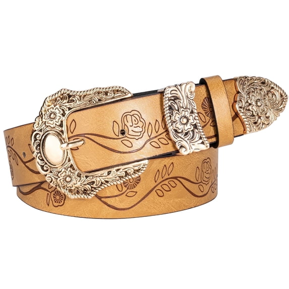 Punplita Women Belt Western Belts for Dresses Jeans Pants Embossed Buckle Khaki Belt Gift