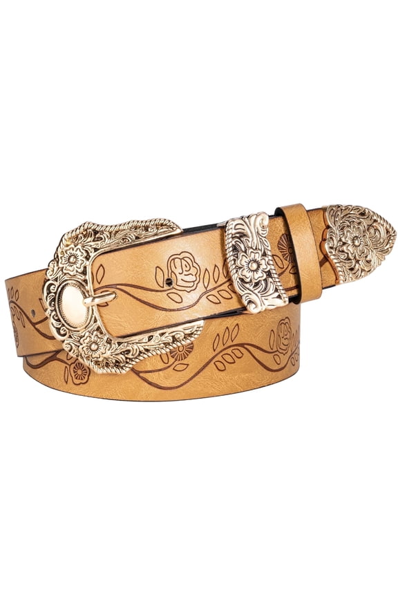 Women Belt Western Belts for Dresses Jeans Pants Embossed Buckle Khaki Belt Gift