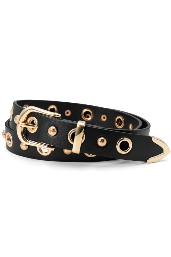 Women's Faux Leather Punk Studded Belt for Jeans Pants Dresses, Black