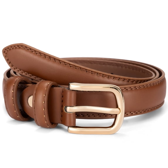 Punplita Women Belts for Ladies Gold Buckle Brown Leather Belt for Dresses Jeans Pants