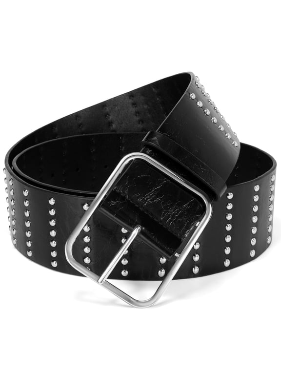Women Wide Belts with Silver Buckle Studded Black Belt
