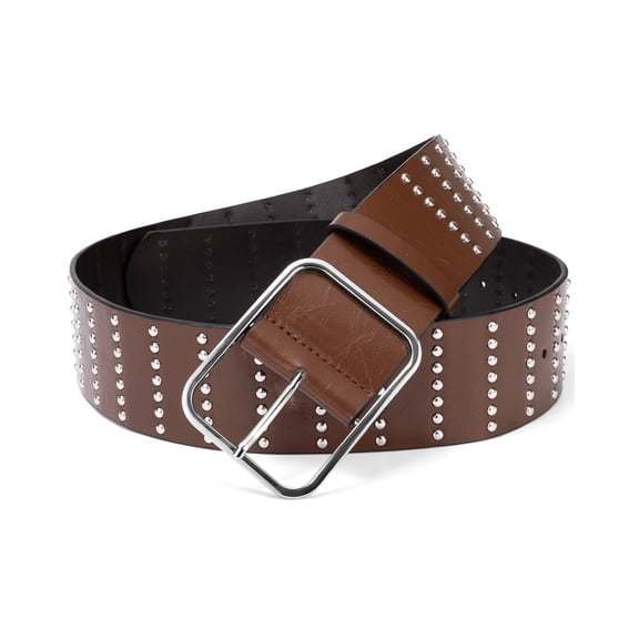 Punplita Women Belts with Silver Wide Buckle Punk Rock Leather Rivets Brown Belt
