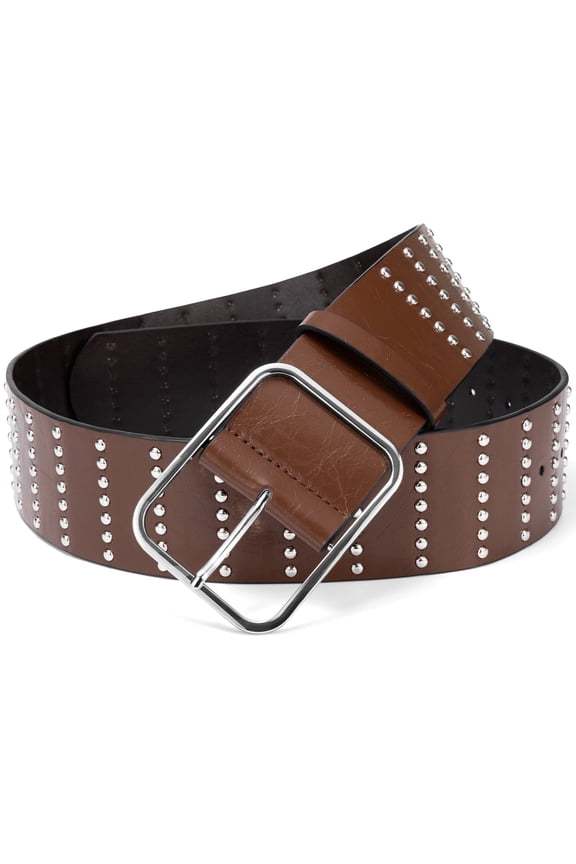 Women Wide Belts with Silver Buckle Studded Brown Belt