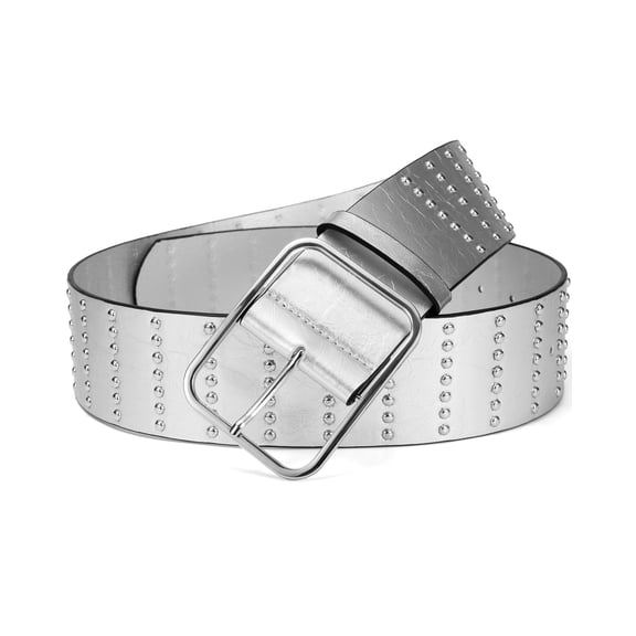 Punplita Women Belts with Silver Wide Buckle Punk Rock Leather Rivets Silver Belt
