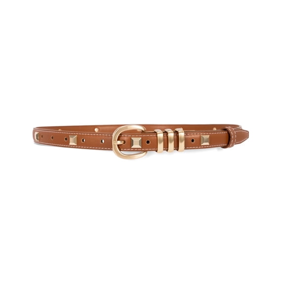 Punplita Women Belts with Square Rivets Gold Punk Rock Brown Belts for Women