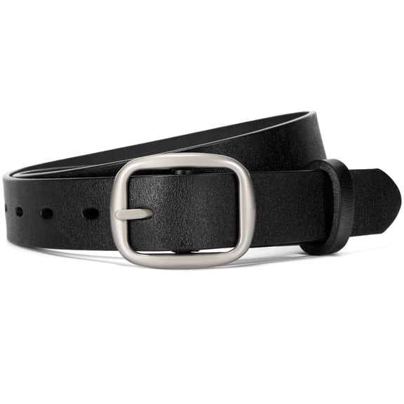 Punplita Women's Belts for Jeans Genuine Leather Black Belt with Silver Buckle