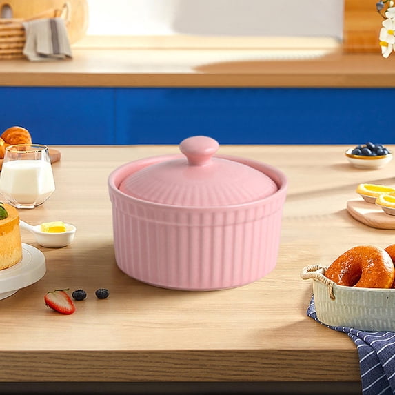 Puntoco 1PCS Ceramic Souffle Baking Bowl with Lid Glazed Pudding Caramel Dish for Home Kitchen Baking and Dessert Making -3.3*2.51IN
