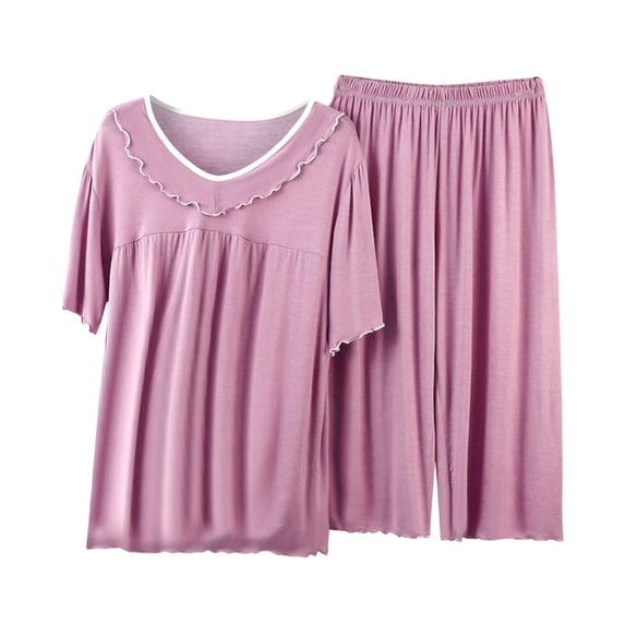 Puntoco 2 Pack Women's Pajama Sets Short Sleeve Two-Piece Pjs V Neck Tops & Capri Pants Printed Lounge Sets Pink XL(XL)