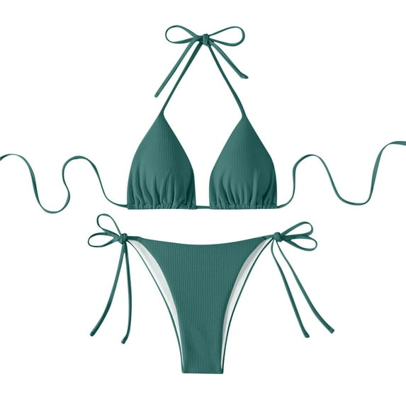 Puntoco 2025 Summer Beach Swim Bathing Suits Bikini Sets for Women Halter Triangle String Bikini Cheeky V Cut High Waisted Thong Swimsuits 2 Piece Army Green S(S)