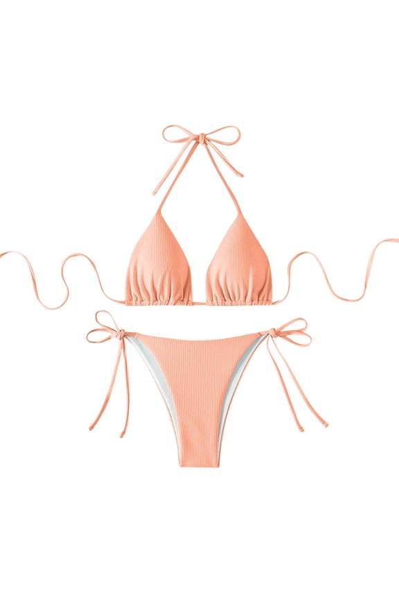 2025 Summer Beach Swim Bathing Suits Bikini Sets for Women Halter Triangle String Bikini Cheeky V Cut High Waisted Thong Swimsuits 2 Piece Pink L(L)