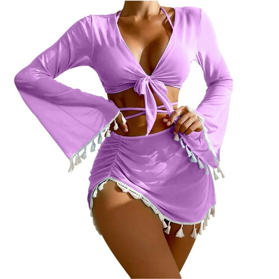 Puntoco 2025 Summer Beach Swim Bathing Suits Four piece set of solid color tassel top, mesh skirt, bikini swimsuit for women Purple 6(M)
