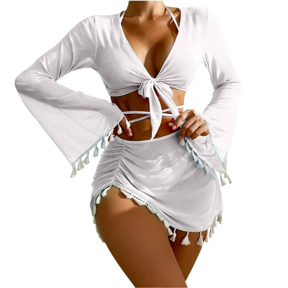 Puntoco 2025 Summer Beach Swim Bathing Suits Four piece set of solid color tassel top, mesh skirt, bikini swimsuit for women White 10(XL)