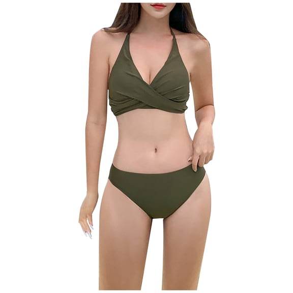 Puntoco 2025 Summer Beach Swim Bathing Suits Women's High Waisted Bikini Sets Two Piece SwimsuitTummy Control Bathing Suit Swimwear Army Green S(S)