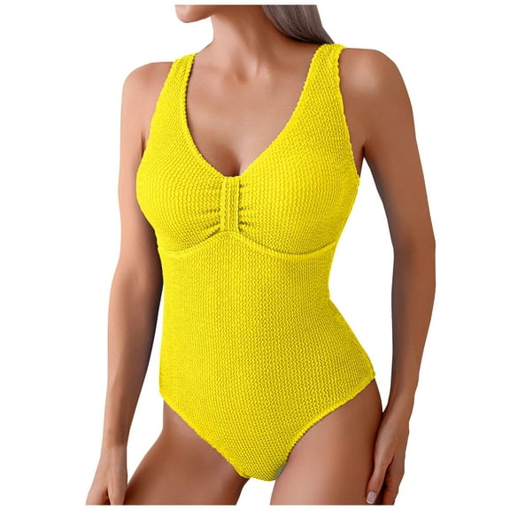 Puntoco 2025 Summer Beach Swim Bathing Suits Women's Retro High Cut Low Back One Piece Swimsuits Brazilian Bikini Bathing Suit Yellow 10(XL)