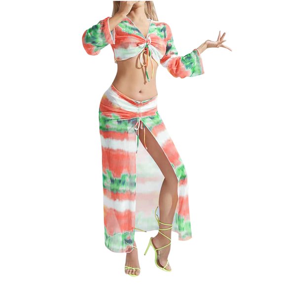 Puntoco 2025 Summer Beach Swim Bathing Suits Women's Retro Printing Swimsuit Smock Fashion Bikini Set Top Pants Set Green L(L)