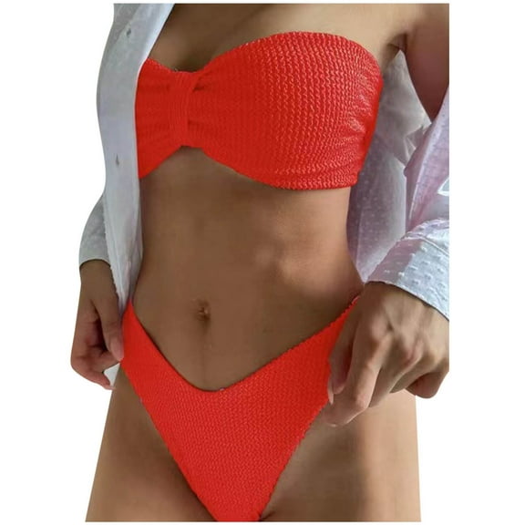 Puntoco 2025 Summer Beach Swim Bathing Suits Women's Split High Waisted Solid Color Swimsuit Conservative and Fashionable Bikini Swimsuit Wine 12-14(L)