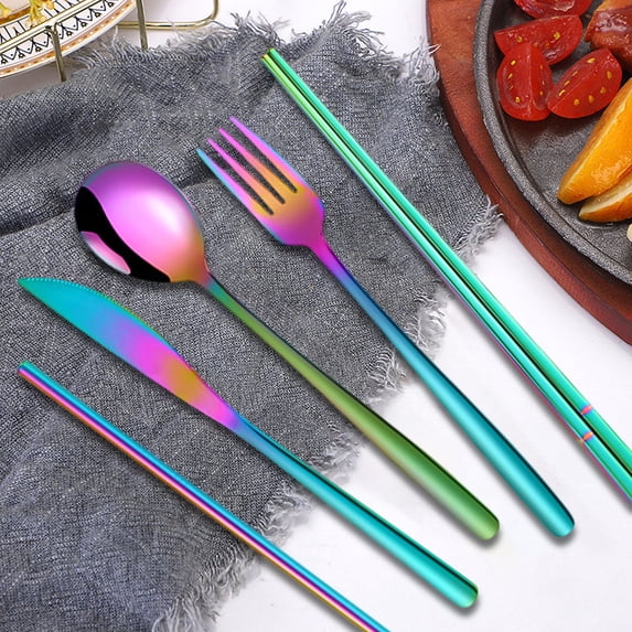 Puntoco 7 Pieces Stainless Steel Flatware Set Portable Reusable Cutlery Set Travel Utensils Set Including Chopsticks Knife fork Spoon Straws Cleaning Brush Dishwasher
