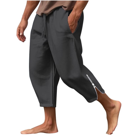 Puntoco Beach Shorts Pants,Men'S Casual Solid Cropped Pants Drawstring Waist Side Zipper Athletic Gym with Pocket Black 4(S)
