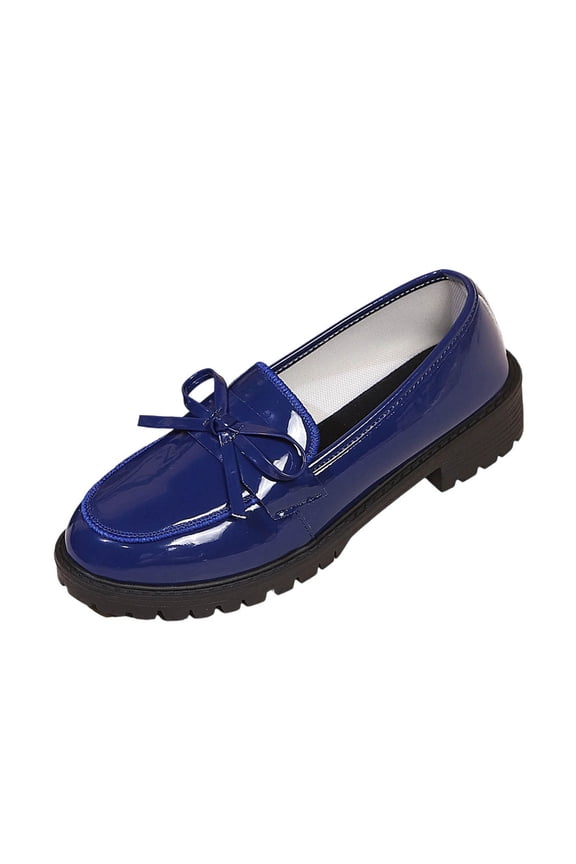 Bow Loafers for Women'S Patent Leather Chunky Heel Dress Shoes Elegant Round Toe Platform Non-Slip Lug Sole Casual Work School Shoes for Business office Everyday Wear Blue 5.5(36)