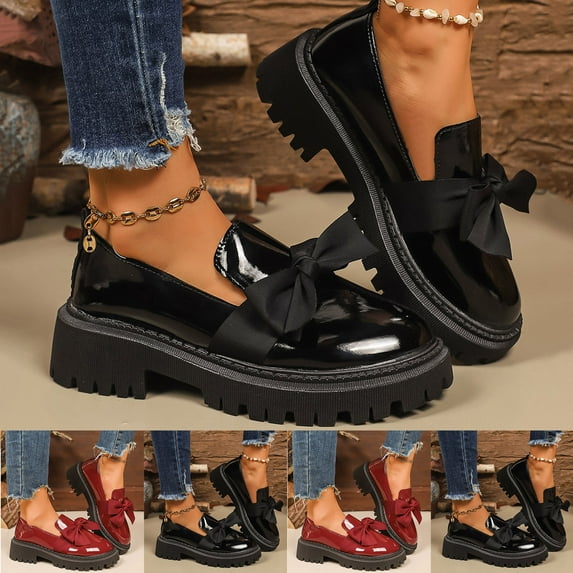 Puntoco Bow Loafers for Women'S Patent Leather Chunky Heel Dress Shoes Elegant Round Toe Platform Non-Slip Lug Sole Casual Work School Shoes for Business office Everyday Wear Wine 9.5(43)