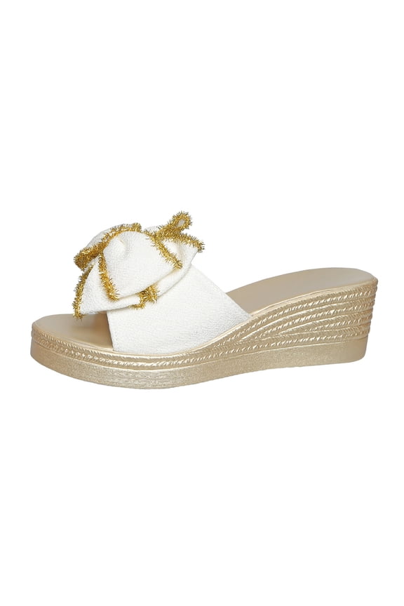 Bow Wedge Sandals for Women Platform Sandals Slides Open Toe Slip On Casual Summer Mules High Heels White 5.5(36)
