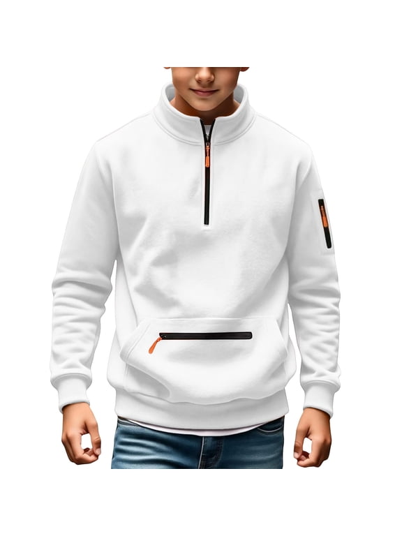 Boys Cargo Half-Zip Sweatshirt Pullover Hoodie with Pockets White 15-16 Years